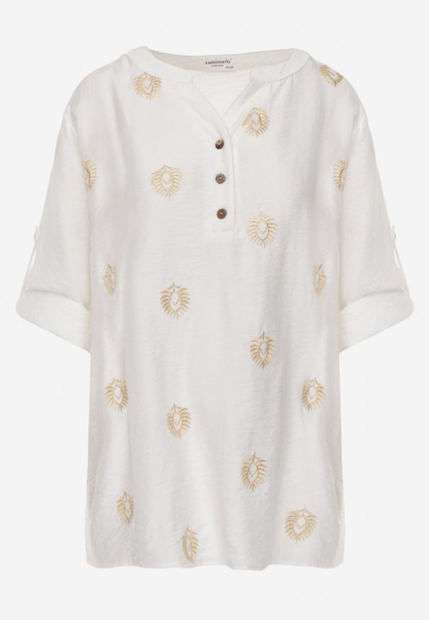 Born2be - Biała Wiskozowa Koszula Boho z Haftem i Podpinanymi Rękawami 3/4 Cheridenah. Okazja: na co dzień. Kolekcja: plus size. Kolor: biały. Materiał: wiskoza. Wzór: haft. Styl: boho