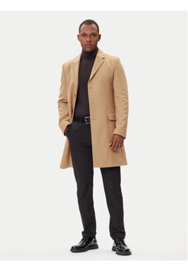 Hugo - HUGO Płaszcz wełniany Migor2541 50546528 Beżowy Slim Fit. Kolor: beżowy. Materiał: wełna