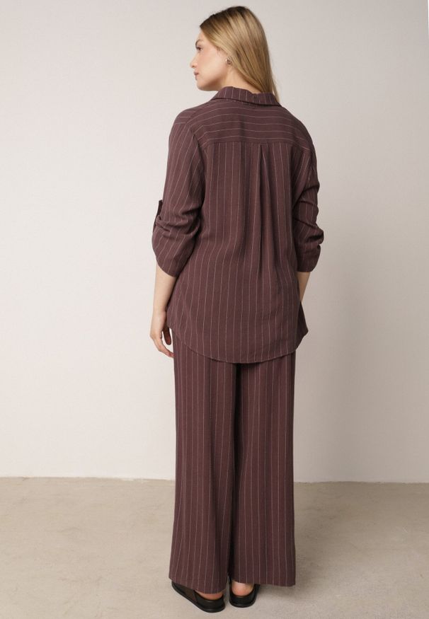 Born2be - Brązowy Wiskozowo-Lniany Komplet w Paski Koszula i Szerokie Spodnie Terasea. Kolor: brązowy. Materiał: wiskoza, len. Wzór: paski