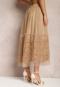 Renee - Beżowa Tiulowa Spódnica Maxi z Gumką w Talii Nadelyn. Kolor: beżowy. Materiał: tiul. Wzór: aplikacja #3