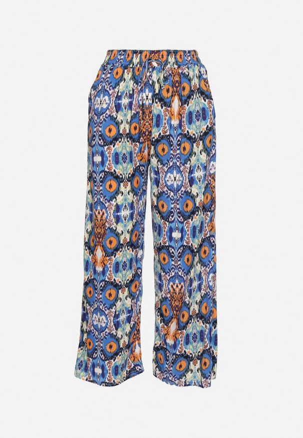 Born2be - Niebieskie Spodnie Szerokie z Bawełny w Etno Print Tolivenna. Okazja: na co dzień. Kolor: niebieski. Materiał: bawełna. Wzór: nadruk. Styl: etno