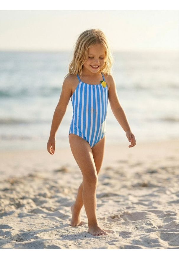 Sinsay - Strój kąpielowy jednoczęściowy w paski z motywem cytryny - niebieski. Kolor: niebieski. Wzór: paski