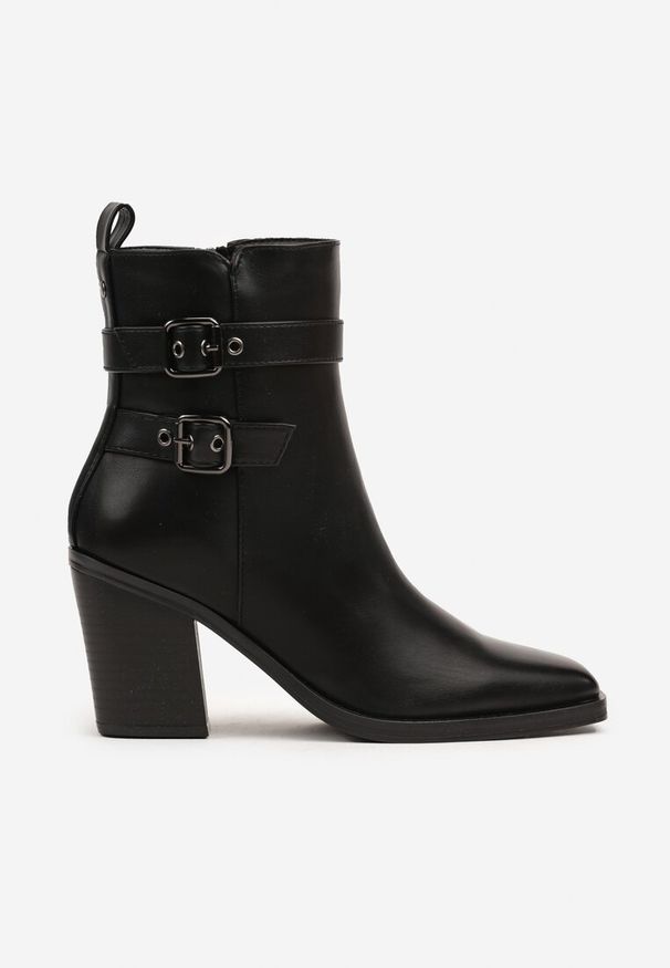 Renee - Czarne Botki na Ściętym Obcasie z Klamrami Revirae. Okazja: na co dzień. Zapięcie: klamry. Kolor: czarny. Materiał: skóra, jeans. Obcas: na obcasie. Styl: casual, elegancki. Wysokość obcasa: średni