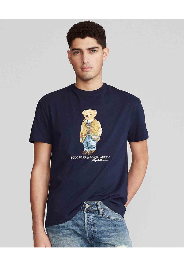 Ralph Lauren - RALPH LAUREN - Granatowa koszulka z misiem Polo. Typ kołnierza: polo. Kolor: niebieski. Materiał: jeans, bawełna. Wzór: kolorowy, nadruk. Sezon: lato. Styl: klasyczny