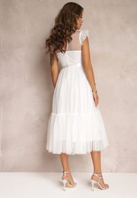 Renee - Biała Taliowana Sukienka z Tiulową Spódnicą i Górą z Koronki Darela. Kolor: biały. Materiał: tiul, koronka. Wzór: koronka #4