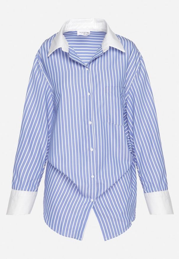 Born2be - Niebieska Koszula w Paski z Kontrastowymi Mankietami i Kołnierzykiem Zarona. Okazja: na co dzień. Typ kołnierza: kołnierzyk klasyczny. Kolor: niebieski. Materiał: jeans. Wzór: paski. Styl: klasyczny, elegancki, casual