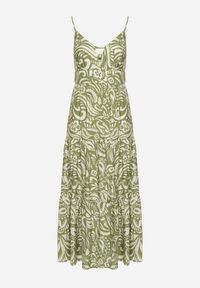 Born2be - Zielona Sukienka z Bawełną i Wiskozą na Cienkich Ramiączkach z Regulacją z Paskiem Dimite. Kolor: zielony. Materiał: bawełna, wiskoza. Długość rękawa: na ramiączkach. Wzór: aplikacja. Styl: klasyczny #5