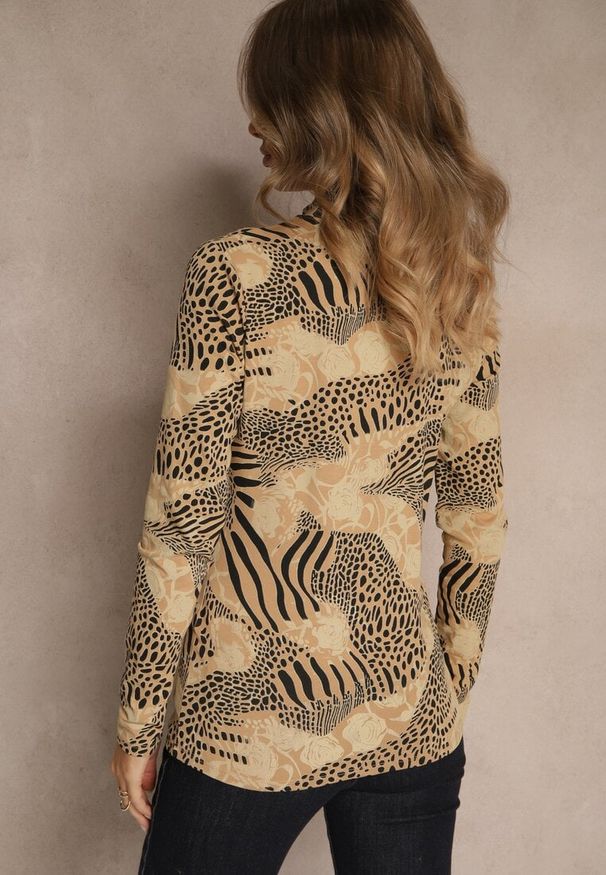 Renee - Beżowo-Czarna Bluzka Longsleeve z Bawełny z Półgolfem i Panterkowym Printem Unalla. Kolor: beżowy. Materiał: bawełna. Długość rękawa: długi rękaw. Wzór: nadruk