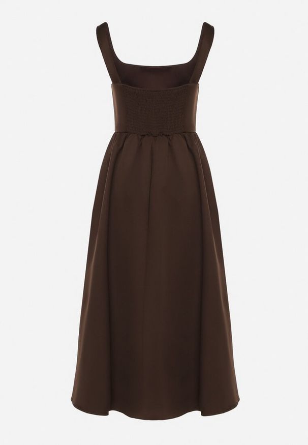 Born2be - Brązowa Rozkloszowana Sukienka na Szerokich Ramiączkach Reterna. Okazja: na imprezę. Typ kołnierza: dekolt kwadratowy. Kolor: brązowy. Długość rękawa: na ramiączkach. Styl: elegancki. Długość: mini