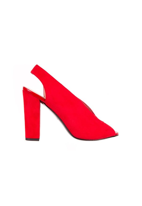 Sandały Bayla-056 8043-28 Czerwone Sandały, Skóra naturalna - 36. Okazja: na spotkanie biznesowe. Nosek buta: otwarty. Zapięcie: bez zapięcia. Kolor: czerwony. Materiał: zamsz. Obcas: na obcasie. Styl: elegancki, biznesowy. Wysokość obcasa: średni