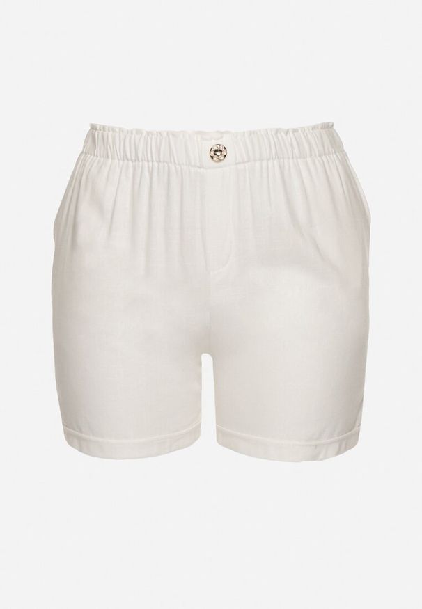 Born2be - Białe Casualowe Szorty z Lnem z Gumką w Talii Filowena. Okazja: na co dzień. Kolekcja: plus size. Kolor: biały. Materiał: len. Styl: casual