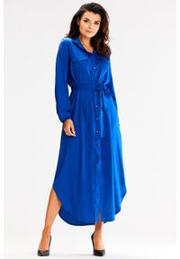 Awama - Długa Sukienka o Koszulowym Kroju z Asymetrycznym Dołem - Niebieska. Kolor: niebieski. Materiał: elastan, wiskoza. Typ sukienki: koszulowe, asymetryczne. Długość: maxi #1