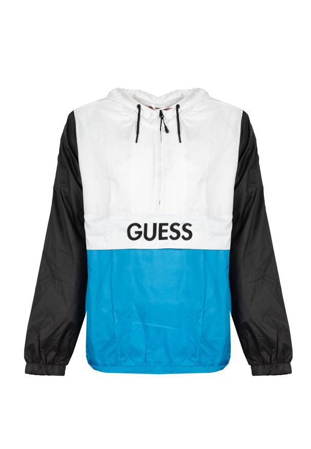 Guess Kurtka | X1GL11RBQG0 | Mężczyzna | Niebieski, Czarny, Biały. Okazja: na co dzień. Typ kołnierza: kaptur. Kolor: czarny, biały, wielokolorowy, niebieski. Materiał: poliester. Wzór: nadruk. Styl: casual