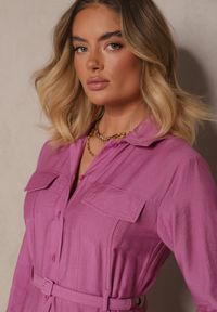 Renee - Fioletowa Rozkloszowana Sukienka z Wiskozy z Guzikami i Paskiem Ronesa. Okazja: na co dzień. Kolor: fioletowy. Materiał: wiskoza. Typ sukienki: proste. Styl: casual, elegancki #3