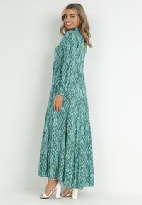 Born2be - Zielono-Niebieska Sukienka Koszulowa w Ornamentalny Wzór Midis. Okazja: na co dzień, na spacer. Kolor: zielony. Materiał: wiskoza. Długość rękawa: długi rękaw. Typ sukienki: koszulowe. Styl: casual, elegancki #3