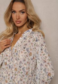 Renee - Beżowa Koszula w Kwiaty ze Stójką Przy Karku Ivaler. Okazja: na co dzień. Typ kołnierza: kołnierzyk stójkowy. Kolor: beżowy. Materiał: jeans. Wzór: kwiaty. Styl: casual