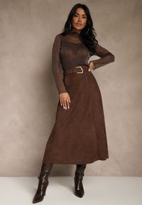 Renee - Brązowa Spódnica z Wiskozy z Bawełną z Imitacji Zamszu z Paskiem Oliweda. Okazja: na co dzień. Kolor: brązowy. Materiał: bawełna, wiskoza, zamsz. Styl: casual #3