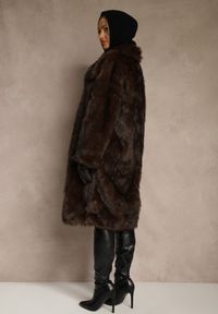 Renee - Brązowy Płaszcz Futro o Jednorzędowym Kroju z Szerokim Kołnierzem Aweda. Okazja: na co dzień. Kolor: brązowy. Materiał: futro. Styl: wizytowy, casual, elegancki #4