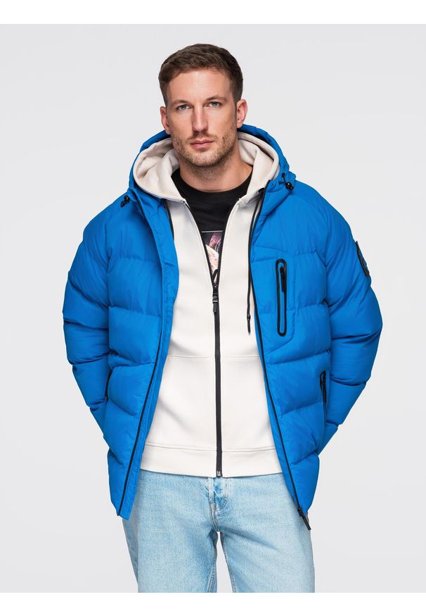 Ombre Clothing - Ocieplana pikowana kurtka męska z raglanowym rękawem – niebieska V2 - Rozmiar: M. Typ kołnierza: kołnierzyk stójkowy. Kolor: niebieski. Materiał: syntetyk, materiał. Długość rękawa: raglanowy rękaw. Wzór: aplikacja