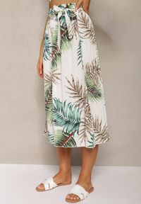 Renee - Biało-Zielone Plisowane Spodnie z Szerokimi Nogawkami High Waist z Gumką w Talii Alfia. Stan: podwyższony. Kolor: biały. Materiał: tkanina. Sezon: lato #4