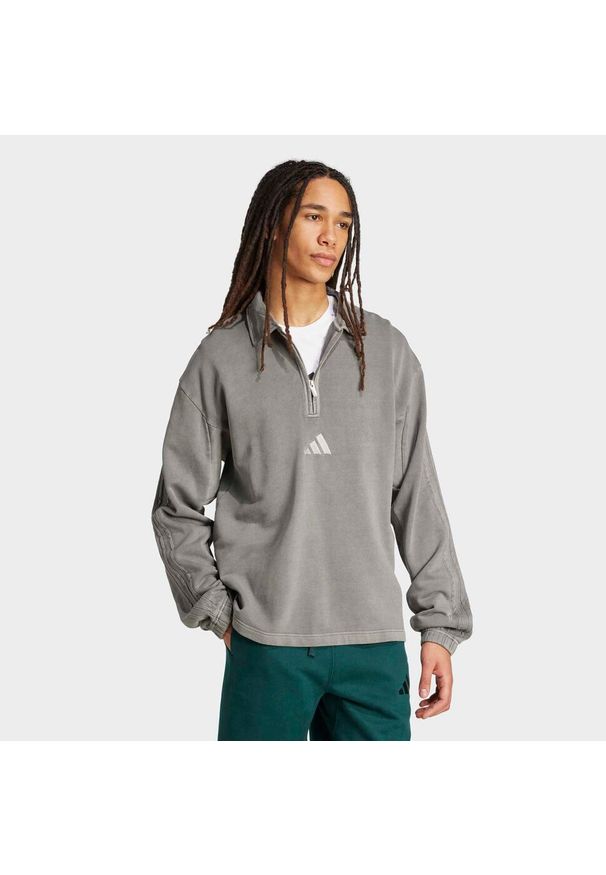 Adidas - Bluza frotte z efektem sprania ADIDAS All SZN na krótki suwak. Kolor: czarny. Materiał: dresówka, bawełna, włókno, prążkowany, tkanina. Długość: krótkie