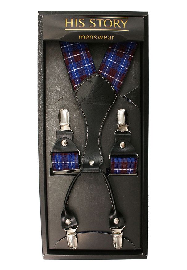 His Story - Chabrowo-Bordowe Szerokie Szelki Męskie, Skóra Naturalna -HIS STORY- Stylowe, w Kratkę. Kolor: niebieski, czerwony, wielokolorowy. Materiał: guma, skóra. Wzór: kratka