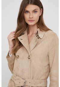 Calvin Klein płaszcz skórzany damski kolor beżowy przejściowy. Okazja: na co dzień. Kolor: beżowy. Materiał: skóra. Styl: casual #2