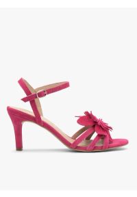 Ryłko - Fuksjowe sandały damskie na szpilce. Zapięcie: sprzączka. Kolor: fioletowy. Materiał: welur, skóra. Wzór: kwiaty, aplikacja. Sezon: lato. Obcas: na szpilce. Styl: street, elegancki. Wysokość obcasa: średni #1
