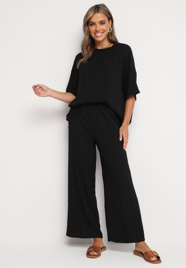 Born2be - Czarny Komplet Oversize z Bluzką i Długimi Spodniami z Gumką w Pasie Urinivia. Kolor: czarny