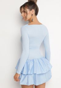 Born2be - Niebieska Rozkloszowana Sukienka z Długim Rękawem i Falbanką Reonaria. Okazja: na co dzień. Kolor: niebieski. Długość rękawa: długi rękaw. Styl: casual, elegancki #2