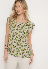 Born2be - Zielono-Beżowa Bawełniana Bluzka w Kwiaty Naperia. Okazja: na co dzień. Kolor: zielony. Materiał: bawełna. Wzór: kwiaty. Styl: elegancki, casual