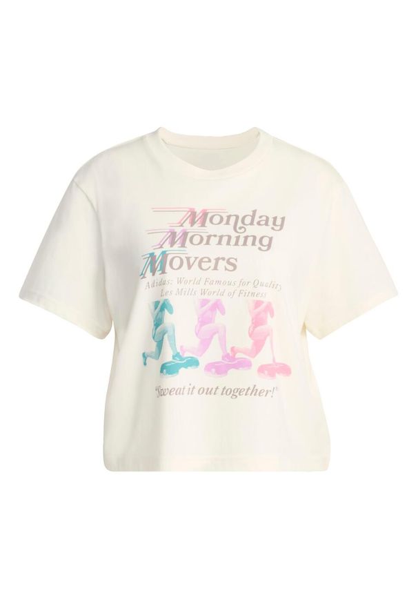 Adidas - Koszulka Lesmills Movers Graphic. Kolor: biały. Materiał: dzianina. Wzór: nadruk. Sport: fitness