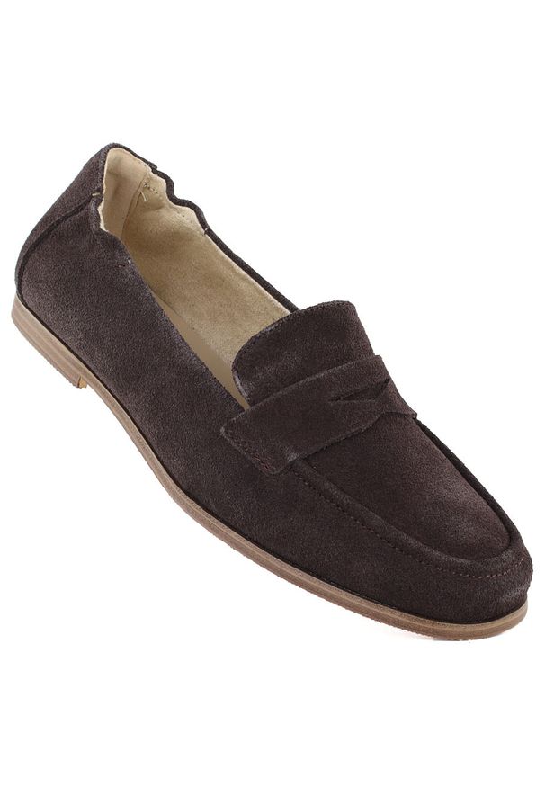 Skórzane mokasyny damskie zamszowe brązowe Vinceza 18122. Kolor: brązowy. Materiał: zamsz, nubuk