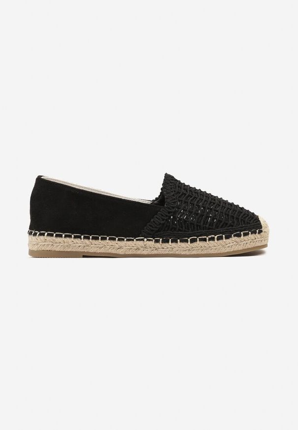 Born2be - Czarne Wsuwane Espadryle na Płaskiej Podeszwie Ozdobione Plecionką z Juty Loracila. Okazja: na spacer. Zapięcie: bez zapięcia. Kolor: czarny. Materiał: len. Wzór: aplikacja. Sezon: lato. Obcas: na płaskiej podeszwie. Styl: wizytowy, elegancki