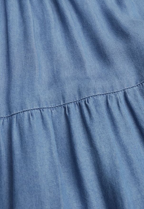 Renee - Niebieska Spódnica Rozkloszowana z Lyocellu High Waist Ozdobiona Falbanami Ravienne. Stan: podwyższony. Kolor: niebieski. Materiał: materiał, prążkowany. Wzór: aplikacja. Sezon: lato