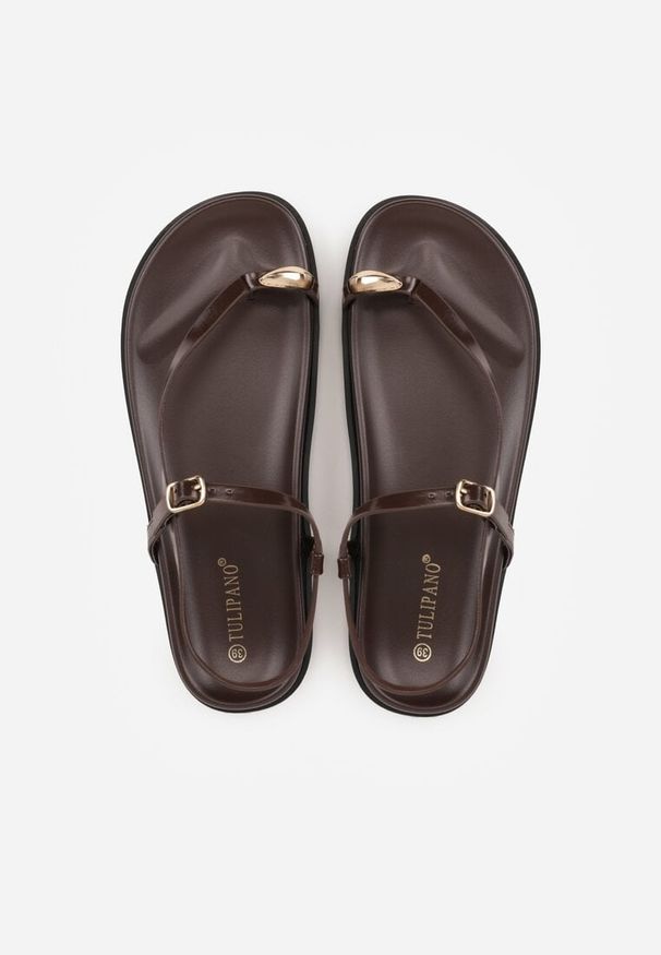 Renee - Brązowe Sandały Japonki na Palec na Platformie z Metaliczną Ozdobą Rinevia. Kolor: brązowy. Materiał: jeans. Wzór: aplikacja. Sezon: lato. Obcas: na platformie. Styl: elegancki