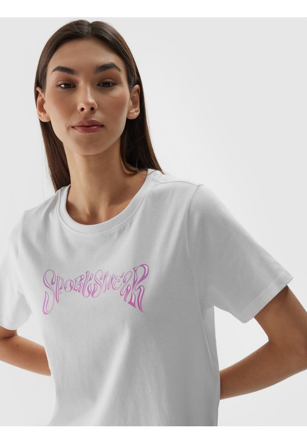 4f - 4F T-shirt regular z nadrukiem damski - biały L. Okazja: na co dzień. Kolor: biały. Materiał: bawełna, jersey, dzianina. Wzór: nadruk. Sezon: lato. Styl: sportowy, klasyczny, casual