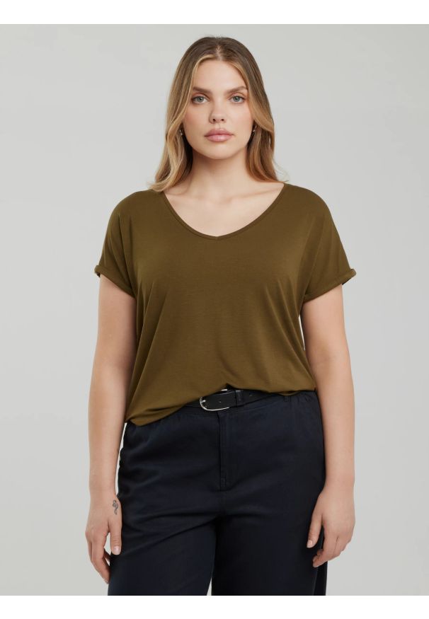 Big-Star - Koszulka damska o luźnym kroju khaki Valeria 303. Okazja: na co dzień. Kolor: zielony. Materiał: wiskoza, dzianina. Styl: casual, klasyczny