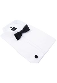 Mmer / Villaro - Koszule męskie - Biała koszula męska Mmer na spinki z plisą kryjącą guziki 031 M1. Okazja: na wesele, na ślub cywilny. Typ kołnierza: kołnierzyk klasyczny. Kolor: biały. Materiał: bawełna, poliester. Długość rękawa: długi rękaw. Długość: długie. Styl: elegancki, klasyczny #1