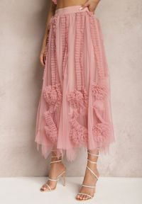 Renee - Różowa Spódnica o Rozkloszowanym Kroju z Transparentnym Tiulem i Falbankami Asmerra. Kolor: różowy. Materiał: tiul #5