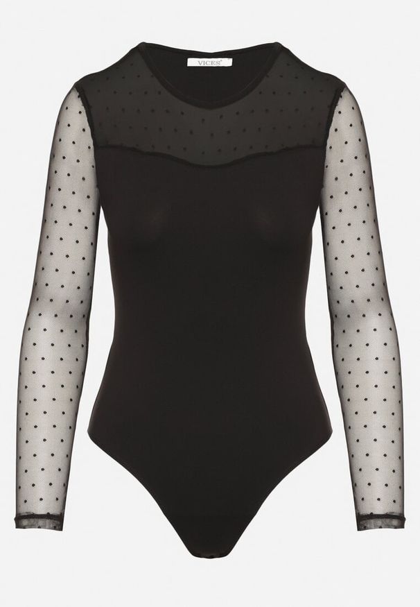 Born2be - Czarne Body Vices z Transparentnymi Rękawami w Kropki Klavie. Okazja: na co dzień. Kolor: czarny. Materiał: jeans. Wzór: kropki. Styl: casual