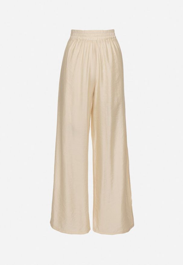 Born2be - Jasnobeżowe Spodnie Palazzo o Szerokim Kroju z Gumką w Pasie i Wysokim Stanem Jenanetia. Okazja: na co dzień. Stan: podwyższony. Kolor: beżowy. Styl: casual, klasyczny