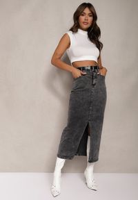 Renee - Czarno-Szara Bawełniana Spódnica Jeansowa Ołówkowa z Paskiem i Rozcięciem na Przodzie Ivario. Okazja: na co dzień. Kolor: czarny. Materiał: bawełna, jeans. Styl: casual #4