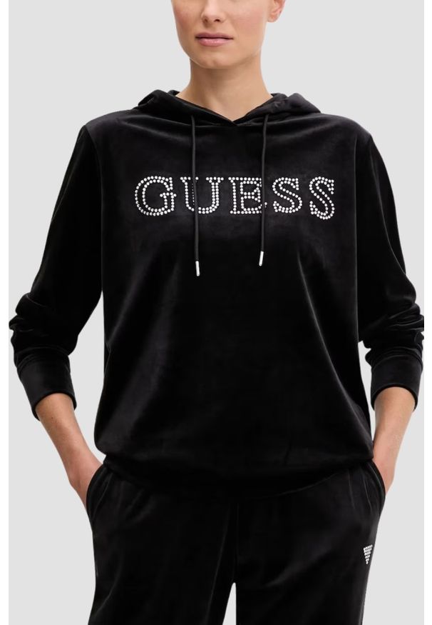 Guess - GUESS Czarna damska bluza z kapturem i cyrkoniami Couture, Rozmiar S. Typ kołnierza: kaptur. Kolor: czarny