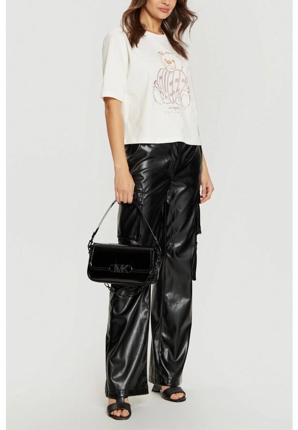 Guess - GUESS Beżowy t-shirt damski Bear Boxy, Rozmiar XS. Kolor: beżowy