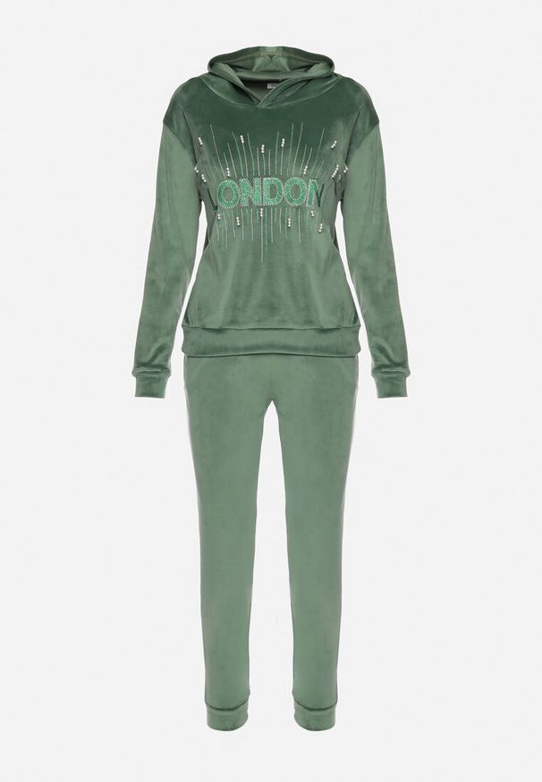 Born2be - Ciemnozielony Welurowy Komplet Dresowy Bluza z Perłami i Brokatem Luźne Spodnie Morwenina. Kolor: zielony. Materiał: dresówka, welur
