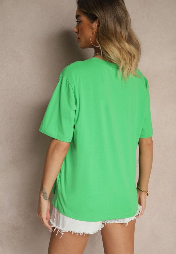Renee - Zielony T-shirt z Bawełny Ozdobiony Brokatem Isadelle. Okazja: na co dzień. Kolor: zielony. Materiał: bawełna. Wzór: aplikacja. Styl: klasyczny, casual