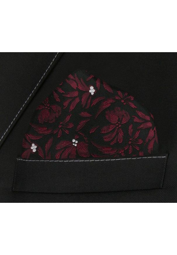 Męska, Elegancka Poszetka - Alties - Czarna w Ciemnoczerwone Kwiaty. Kolor: czerwony. Materiał: poliester. Wzór: kwiaty