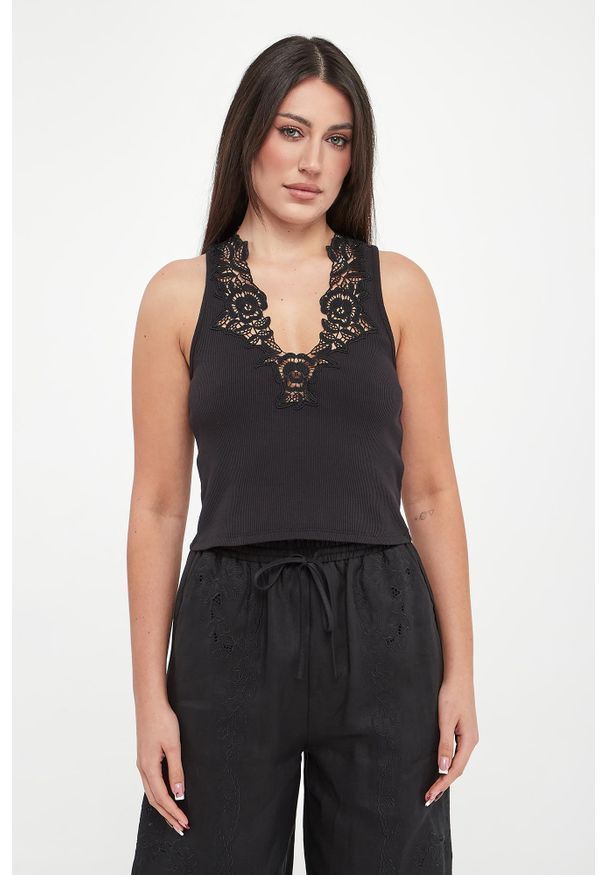 Twinset Milano - Top damski prążkowany z koronką TWINSET. Materiał: prążkowany, koronka. Wzór: koronka