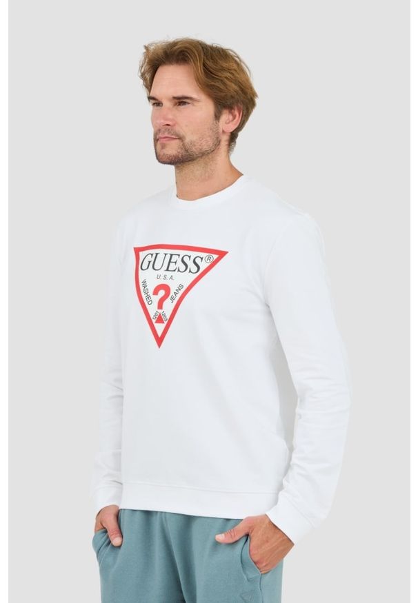 Guess - GUESS Biała męska bluza Audley Cn Fleece, Rozmiar L. Kolor: biały